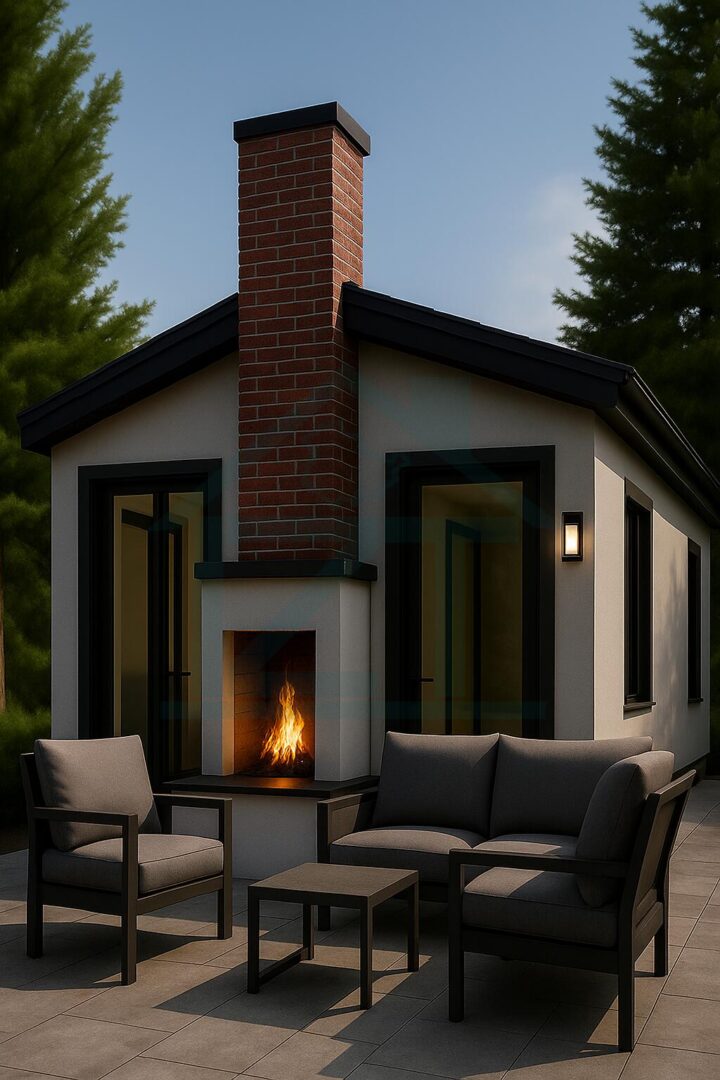 Moderne Gästehaus mit Kamin und Terrasse