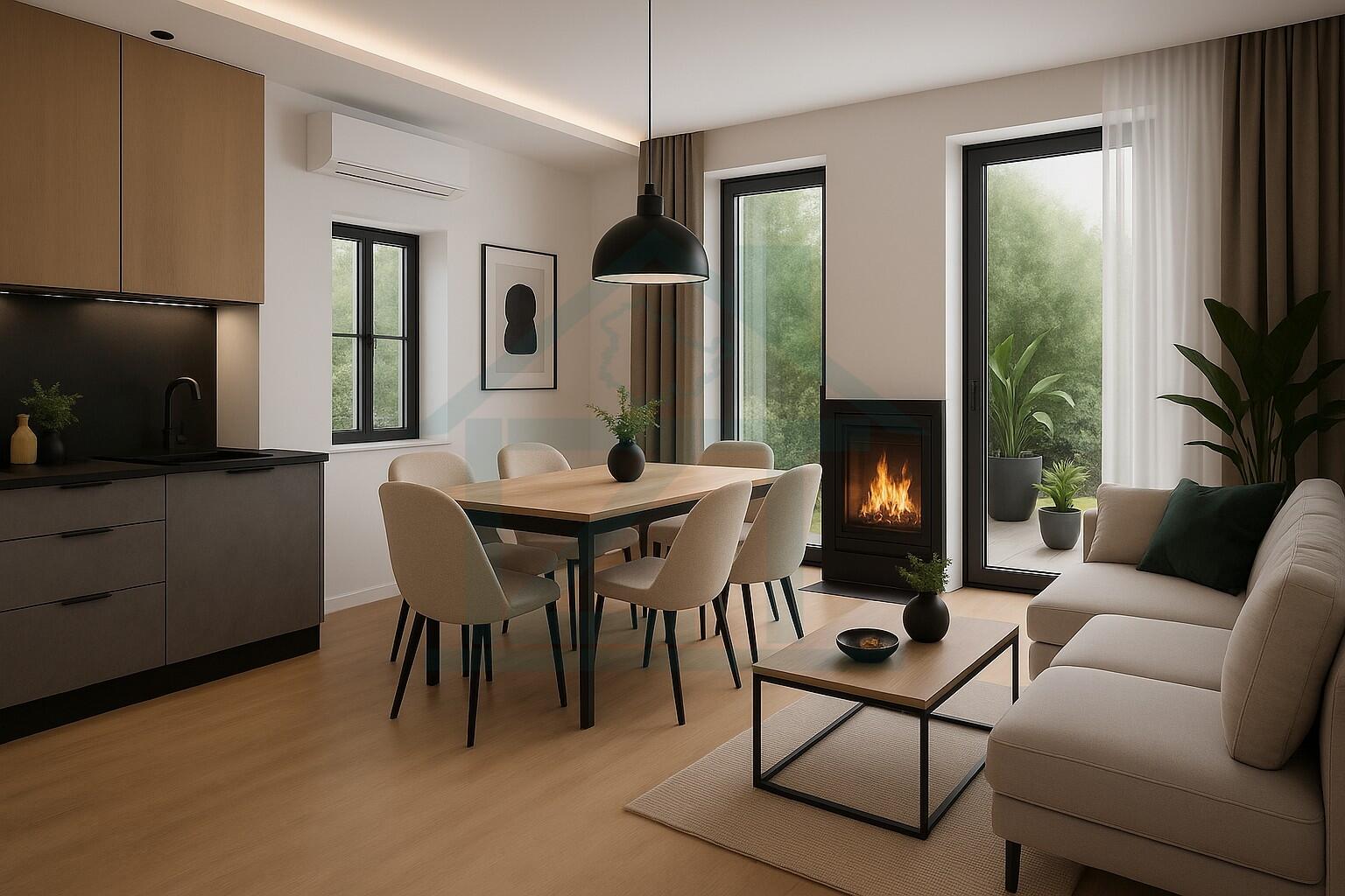 Moderne Wohn-Lounge mit offener Küche und Kamin