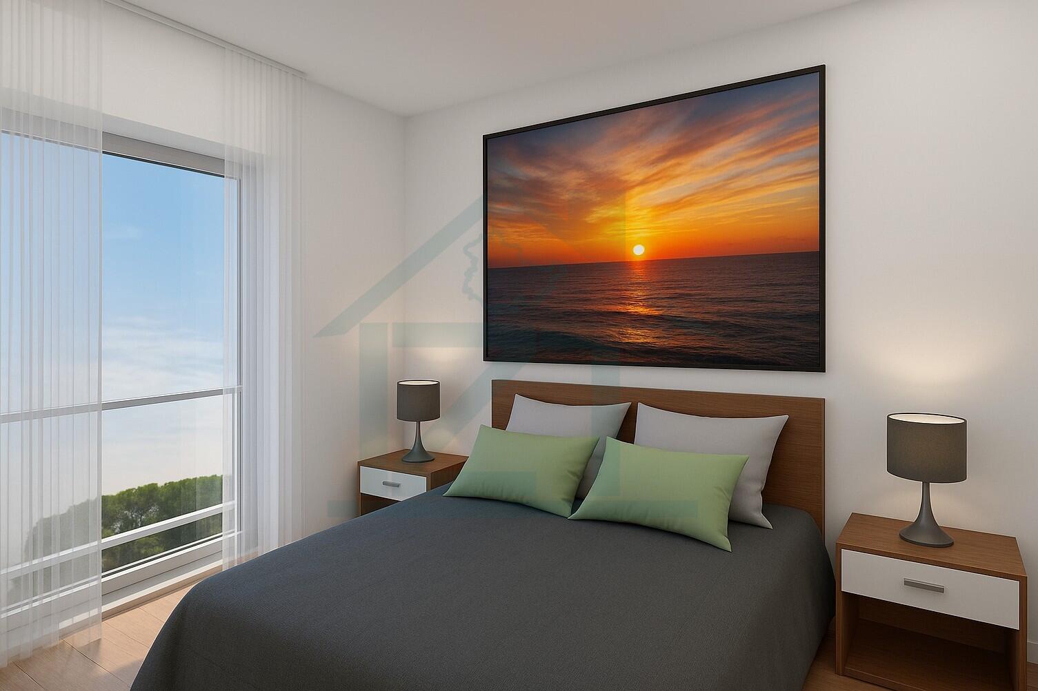 Modern Schlafzimmer mit Sonnenuntergangsdruck (2)