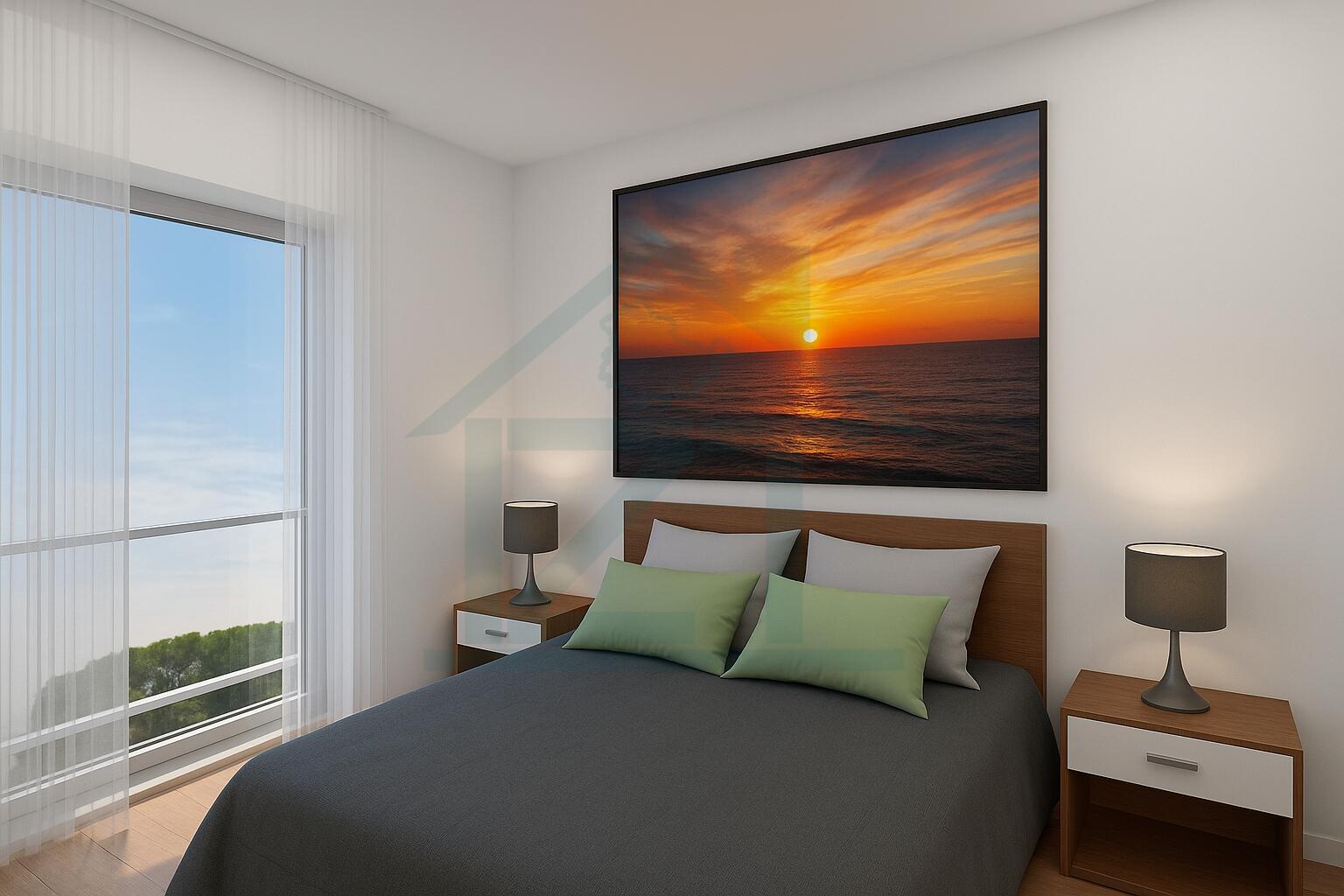 Modern Schlafzimmer mit Sonnenuntergangsdruck (2)