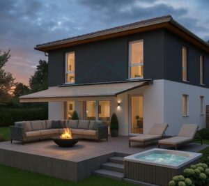 Moderne Terrasse bei Sonnenuntergang