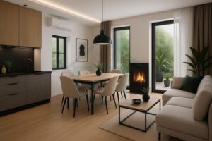 Moderne Wohn-Lounge mit offener Küche und Kamin