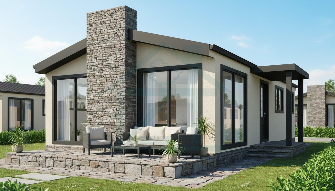 Villa Silver mit rustikalen Kaminzug und Steinterrasse