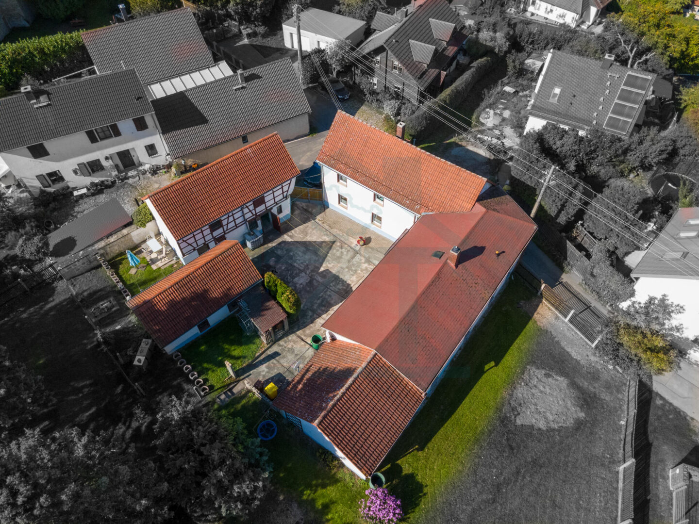 Drohnenansicht Grundstück, Gebäude mit Grundstücksgrenzen
